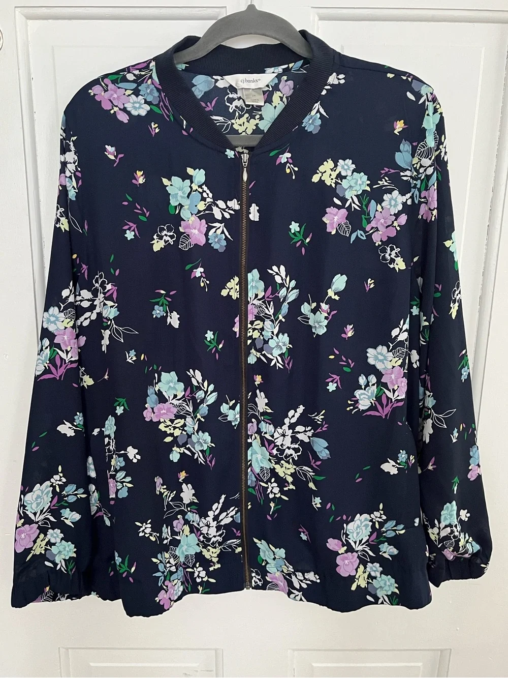 CJ Banks 2X Jacket Zip Front Navy Multicolor Floral
